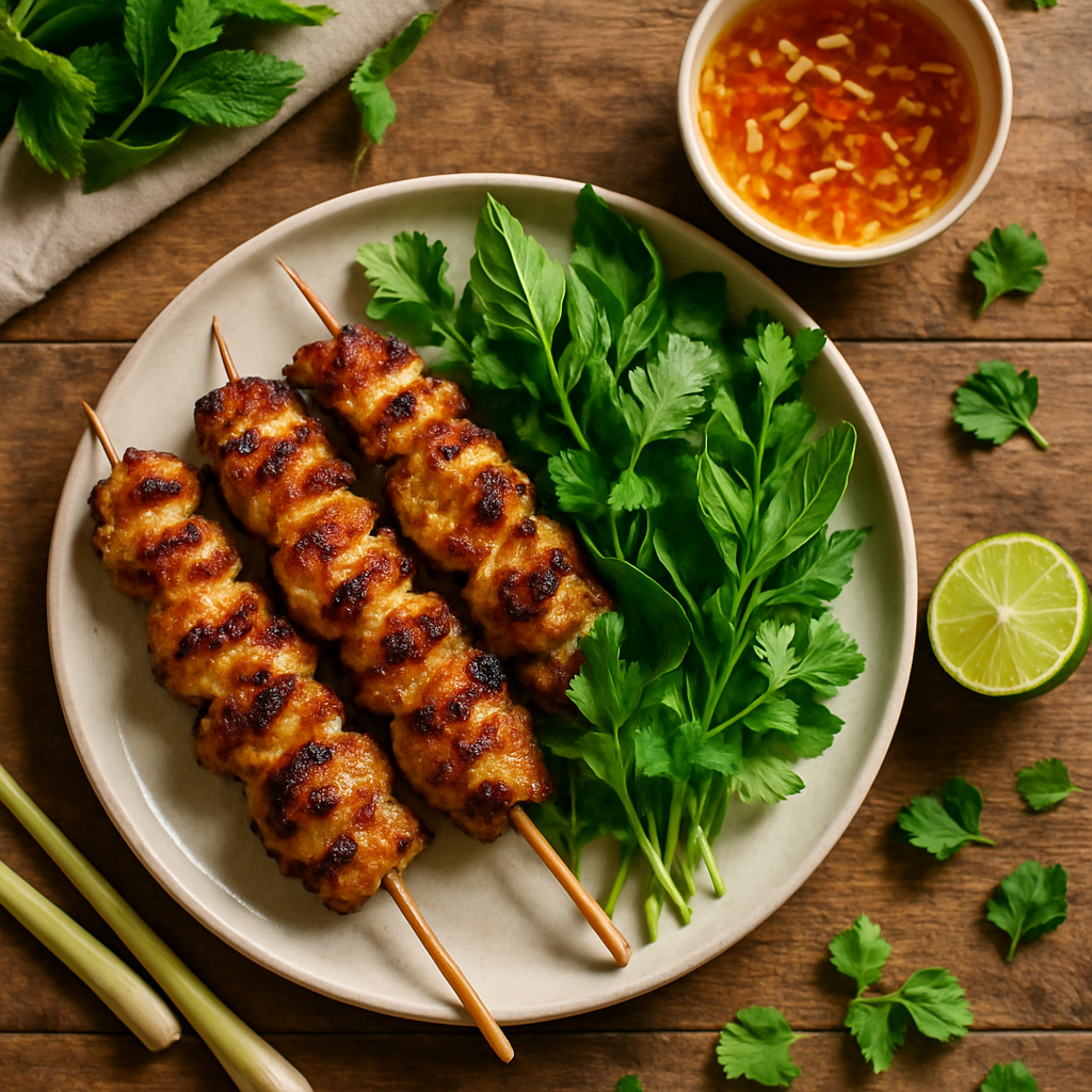 Vietnamese Lemongrass Chicken Skewers with Fresh Herbs and Nuoc Cham Dipping Sauce