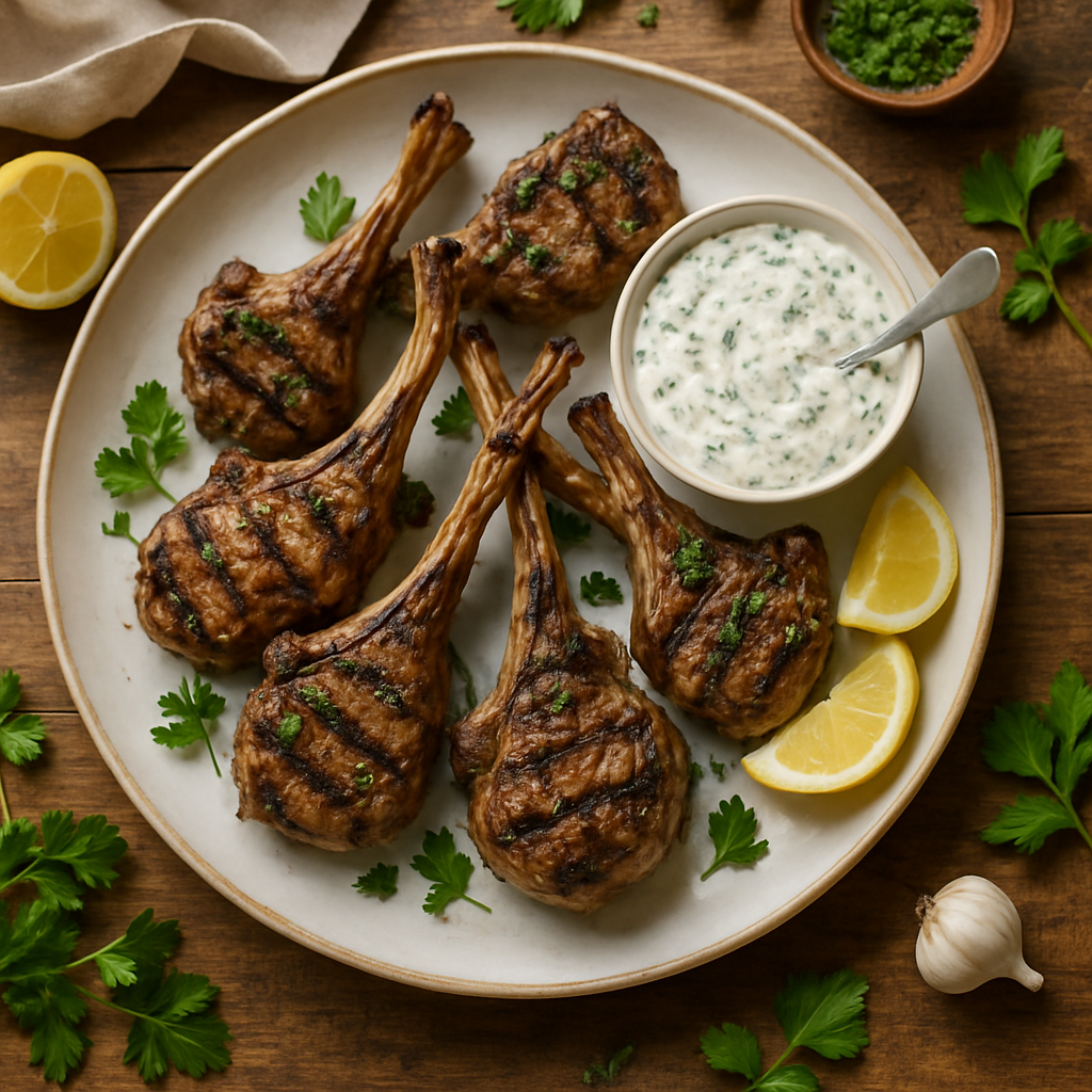 Costolette di Agnello alla Griglia con Salsa di Yogurt alle Erbe e Limone