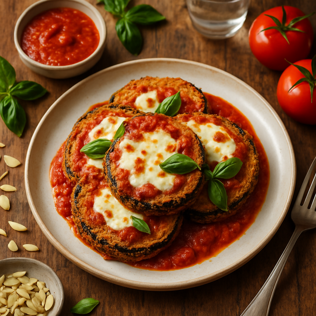 Berinjela à Parmegiana com Cobertura Crocante de Amêndoa e Molho Marinara Fresco