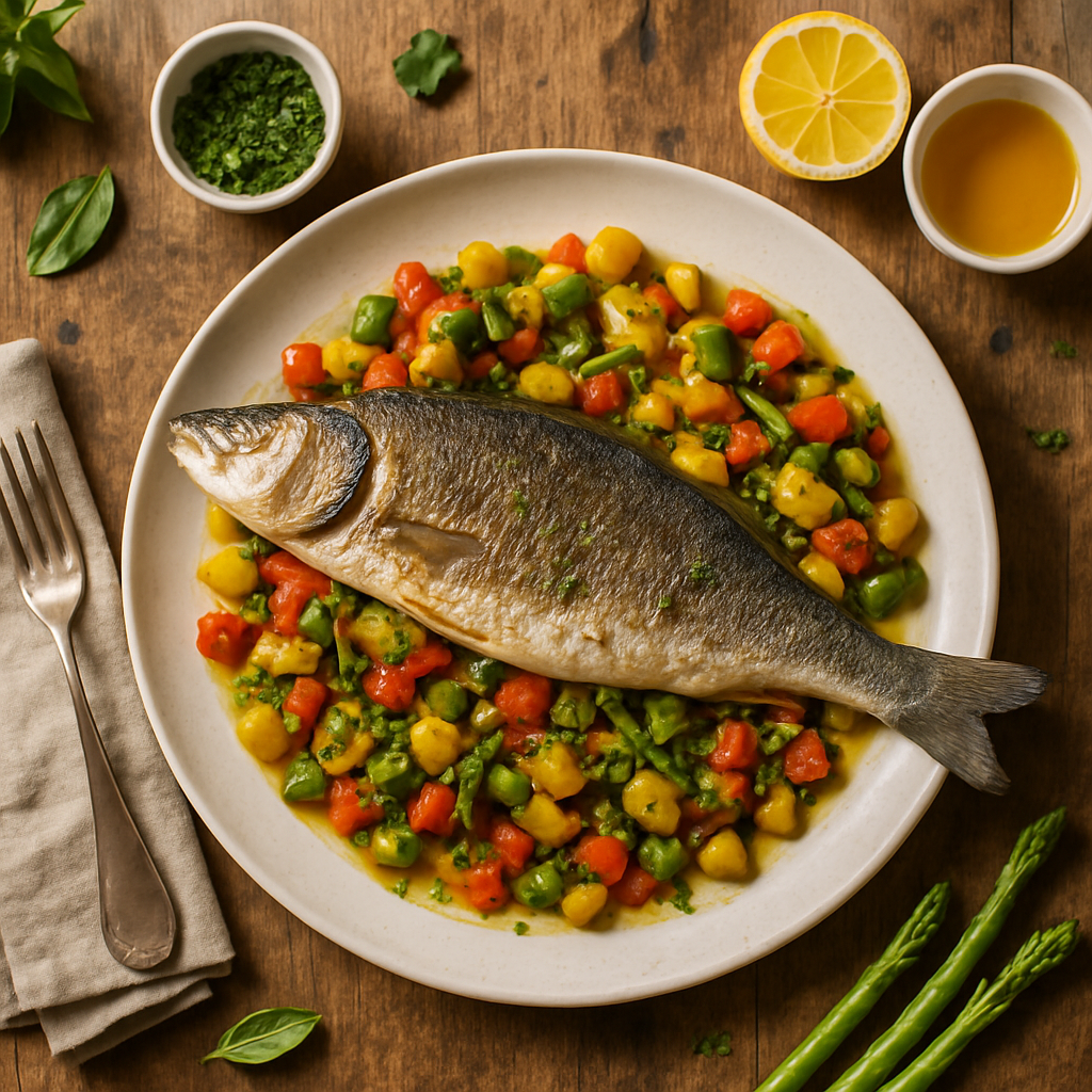 Branzino Intero Arrosto con Ratatouille di Verdure Primaverili