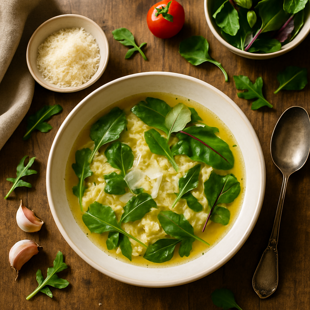Sopa Clássica Italiana Stracciatella com Parmesão e Folhas Verdes Frescas da Primavera