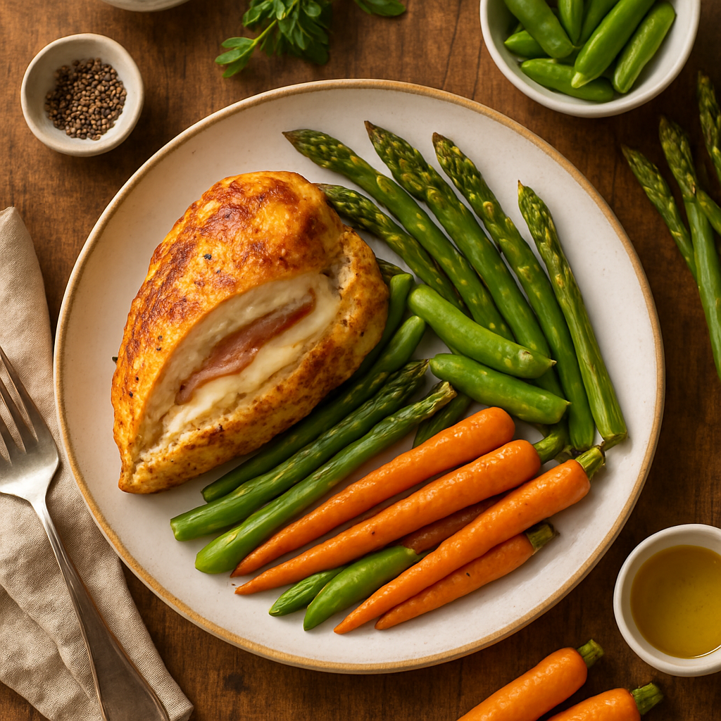 Peito de Frango Recheado com Fontina e Presunto com Vegetais da Primavera Assados