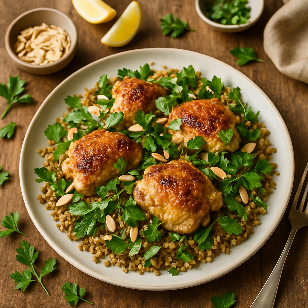 Pollo Freekeh con Almendras Tostadas y Hierbas Primaverales