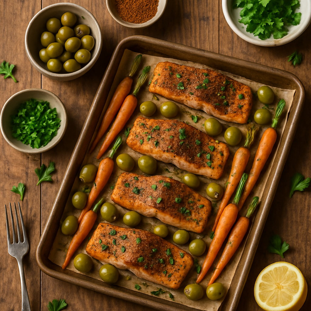 Stekebrett Baharat-laks med Rostebehandlet Vårgulerødter og Oliven