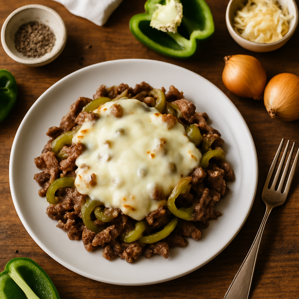 Keto Philly Cheesesteak Casserole with Melted Provolone