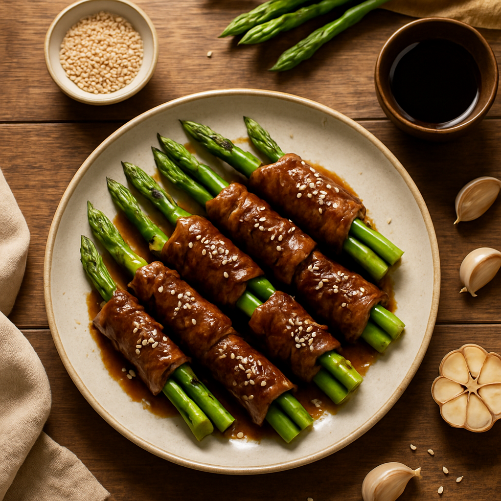 Спаржа, завернутая в говядину, с соевой глазурью и кунжутом