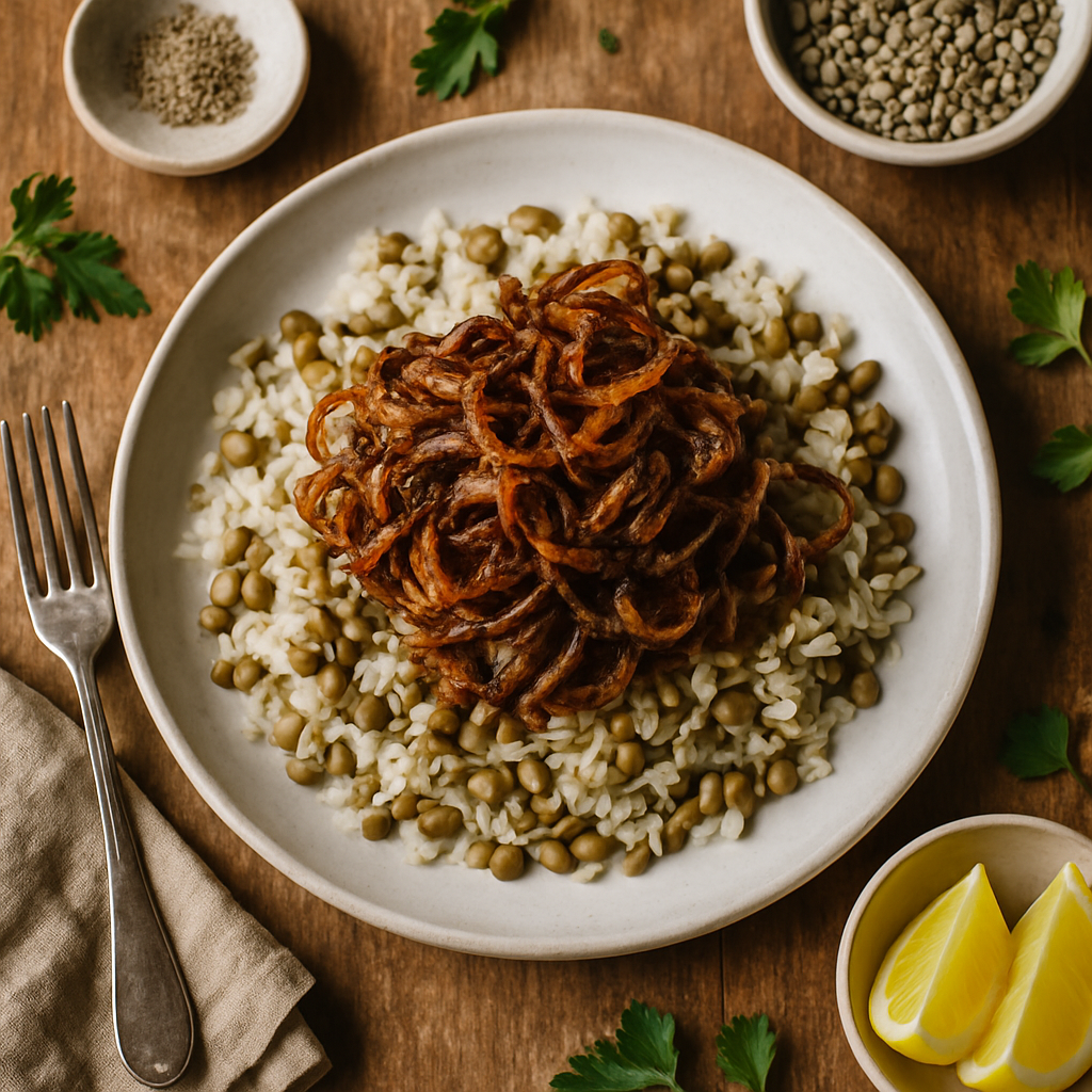 완벽하게 바삭한 카라멜화 양파를 곁들인 비건 무자다라