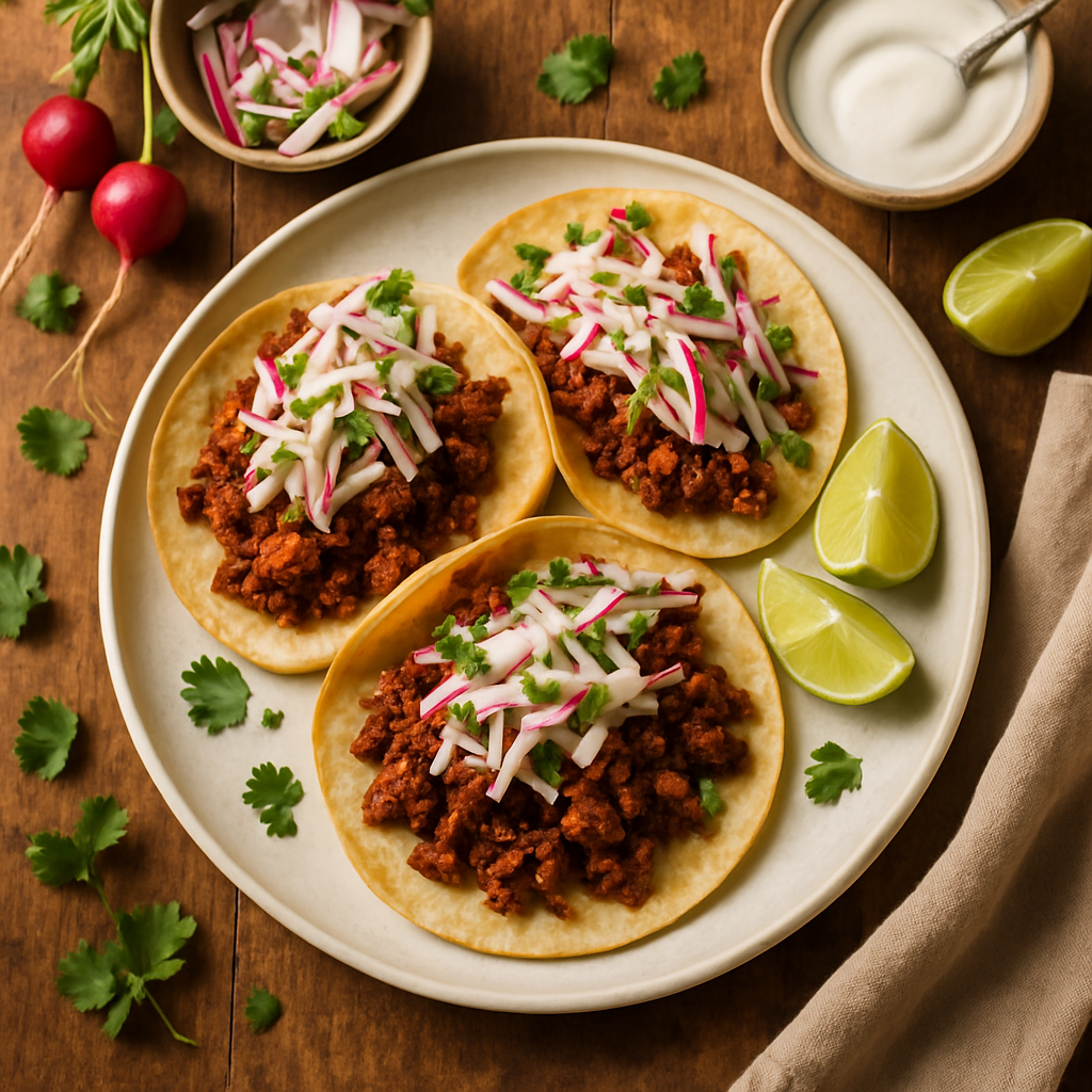 Crispy Pork Chilorio Tacos with Fresh Radish Slaw and Lime Crema