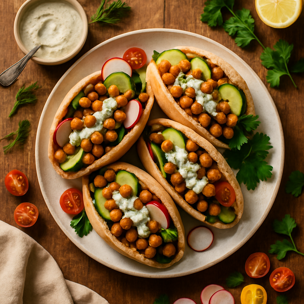 Krispiga Kikärtor Shawarma Pitas med Krämig Hummus-Dill Dressing