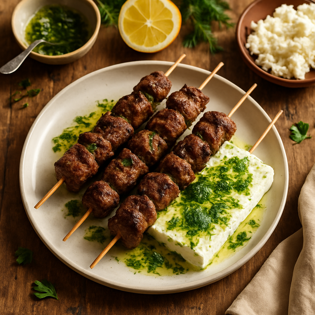 Espetadas de Cordeiro à Grega com Feta Quente e Óleo de Ervas Frescas