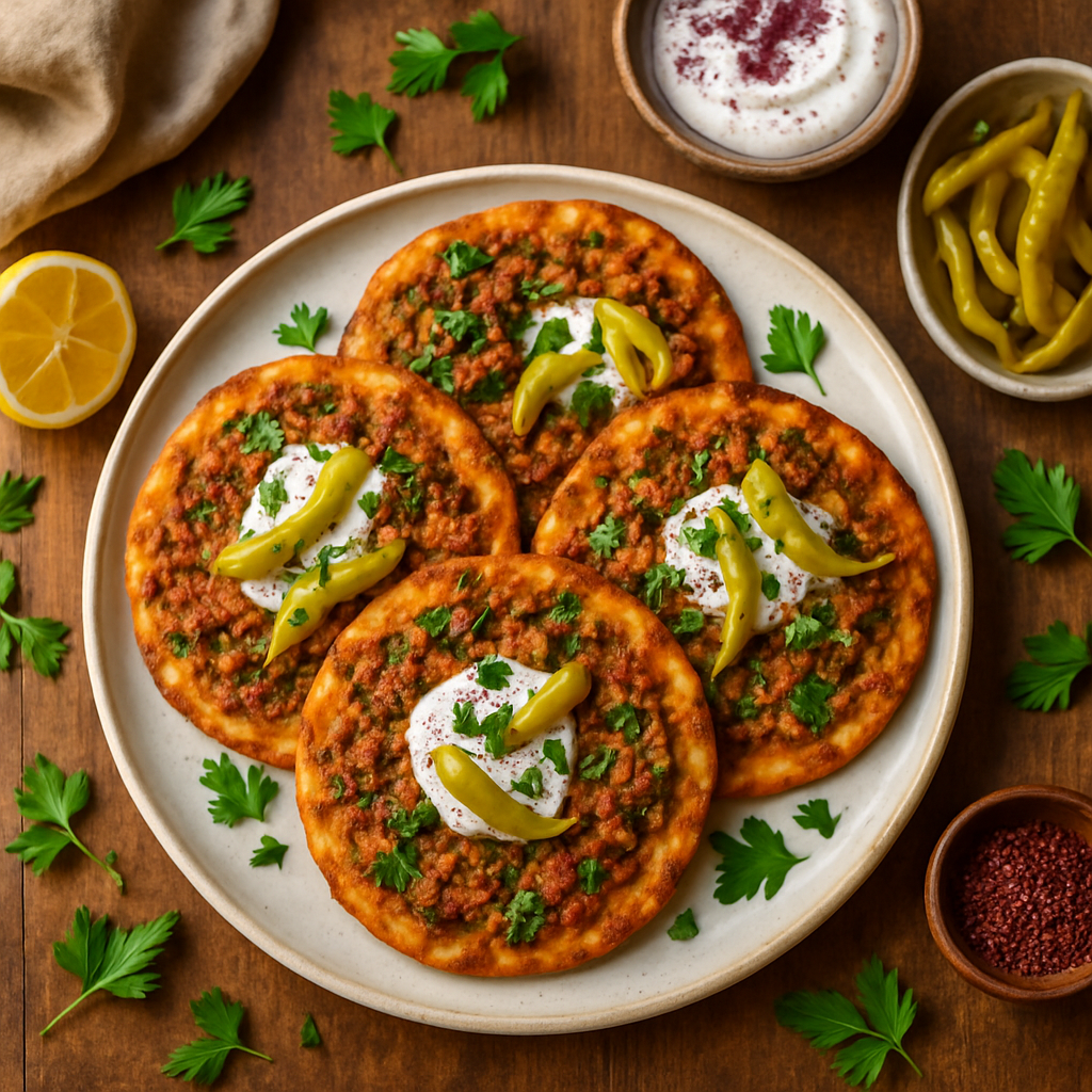 ลาห์มาจูนไก่งอบแบบตุรกีกับโยเกิร์ตสามักและพริกดอง