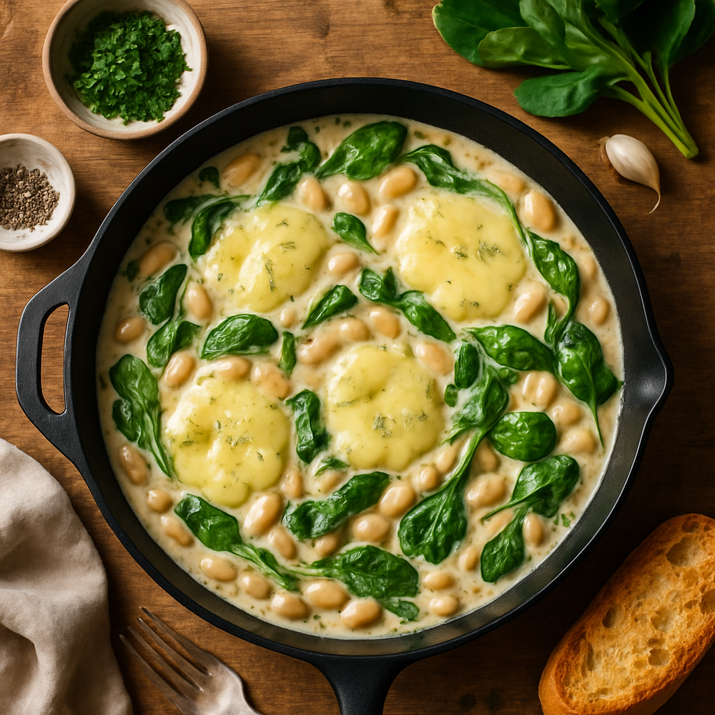 Panela de Feijão Branco Cremoso e Espinafre com Queijo Havarti de Endro Derretido