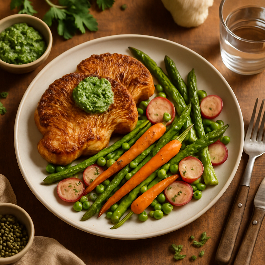 Steak de Crinière de Lion Poêlé avec Légumes de Printemps Rôtis et Beurre aux Herbes