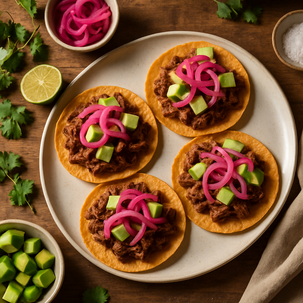 クリーミーアボカドとピリ辛ピクルス赤玉ねぎを使った低温調理ビーフバルバコアトスターダ