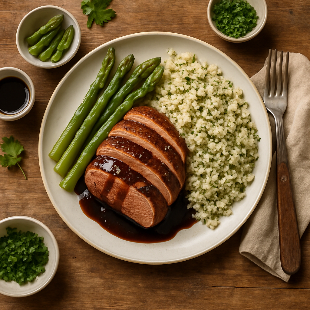 Balsamic Glazed Duck Breast with Fresh Asparagus and Herbed Quinoa