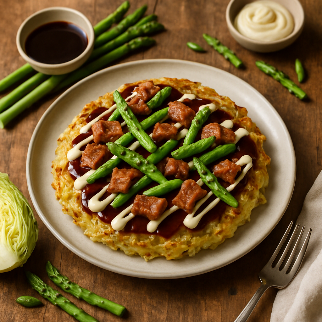 Osaka-stil kålpannkaka med vårgrönsakar och sprött fläskbröst