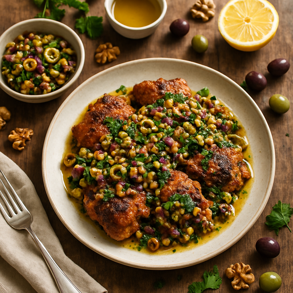 ไก่ปาปริกาควันกับน้ำสลัดโอลีฟและวอลนัทแบบเมดิเตอร์เรเนียน