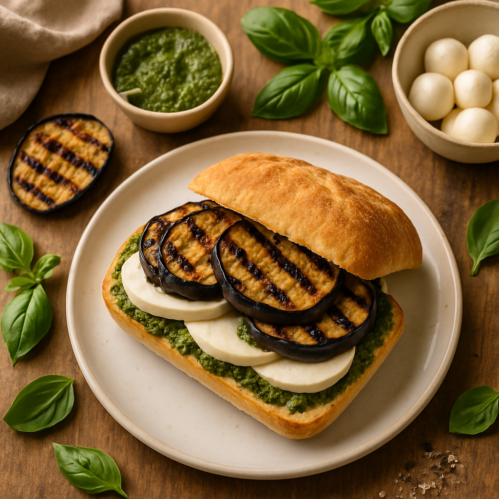 तुलसी पेस्टो और ताजी मोज़ेरेला के साथ ग्रिल्ड बैंगन सैंडविच