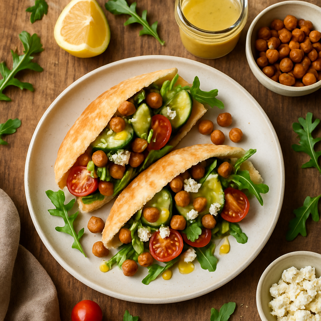 Sprød kikärtssallad i pita med kryddig senapsdressing