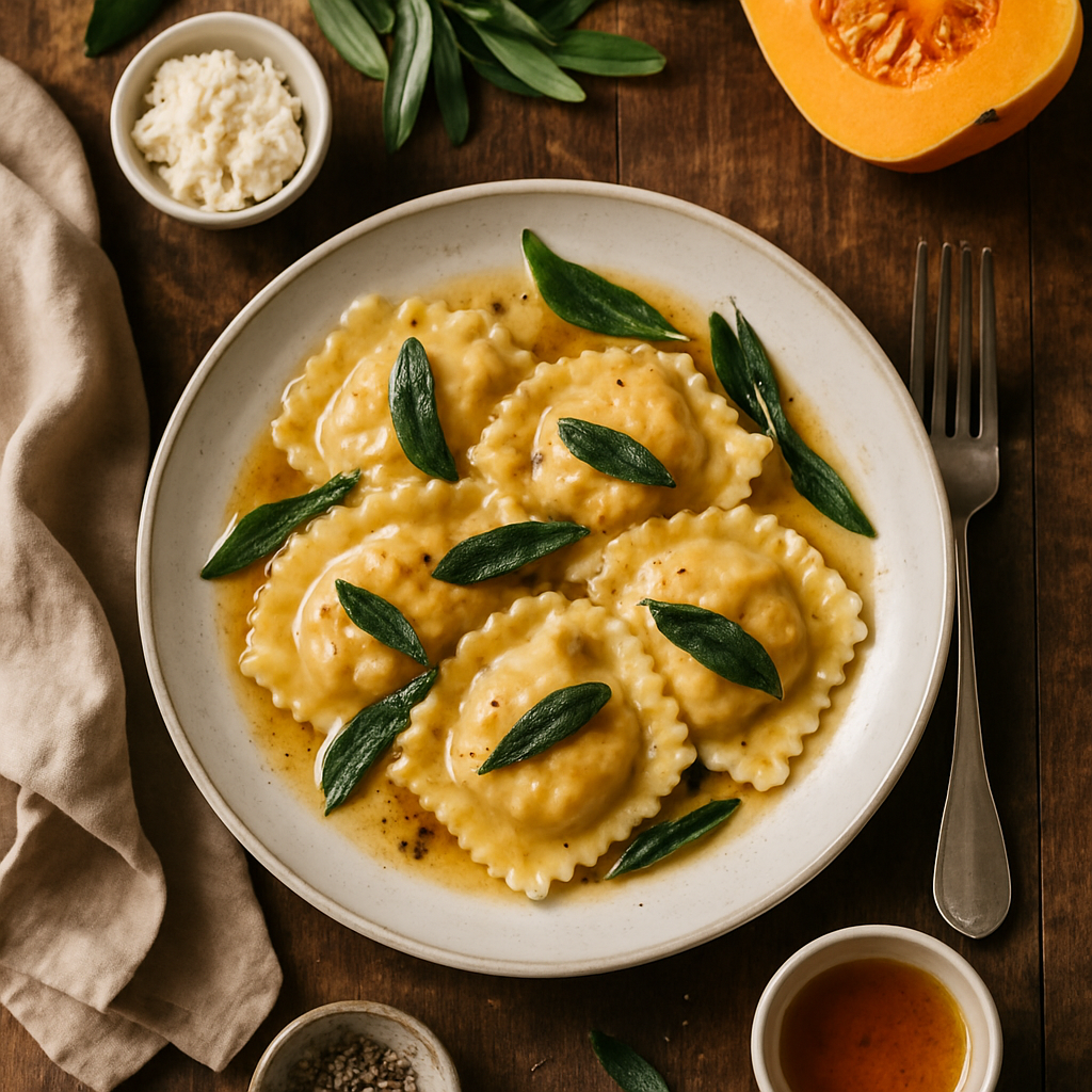 ब्राउन बटर और कुरकुरे सेज के साथ बटरनट स्क्वैश रेविओली