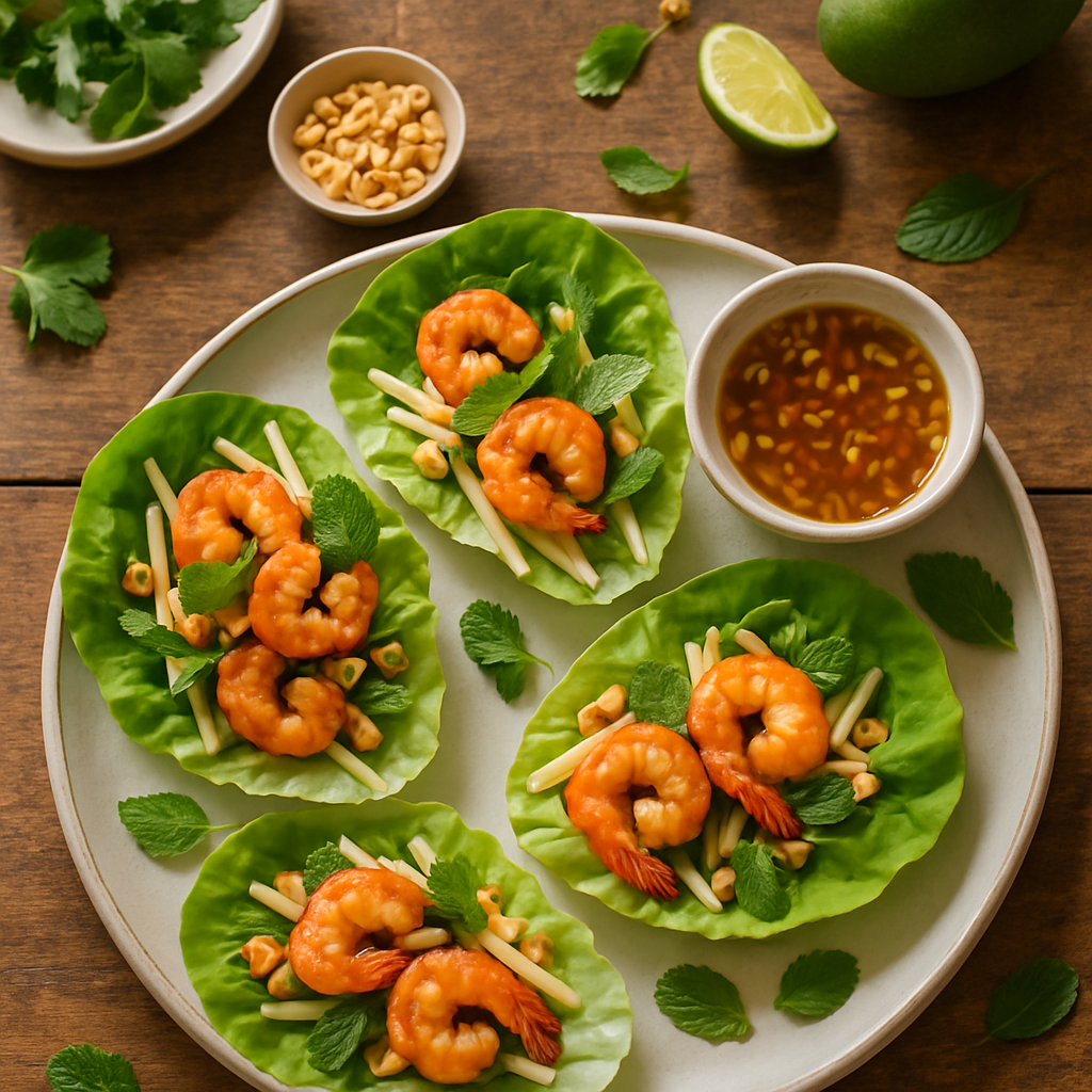 Вьетнамские роллы с креветками и зеленым манго в листьях салата с соусом Нуок Чам