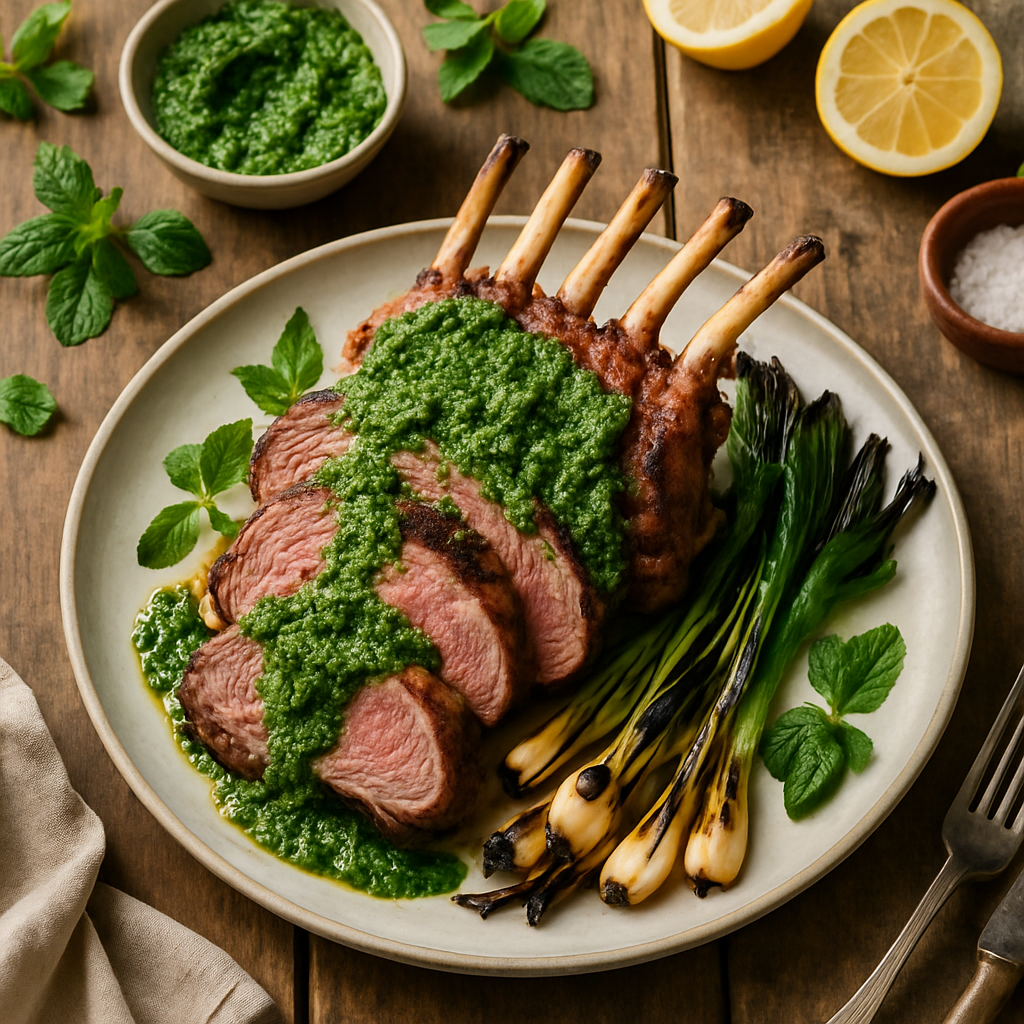 Grillad lammbog med färsk mynta-pesto och stekt salladslök