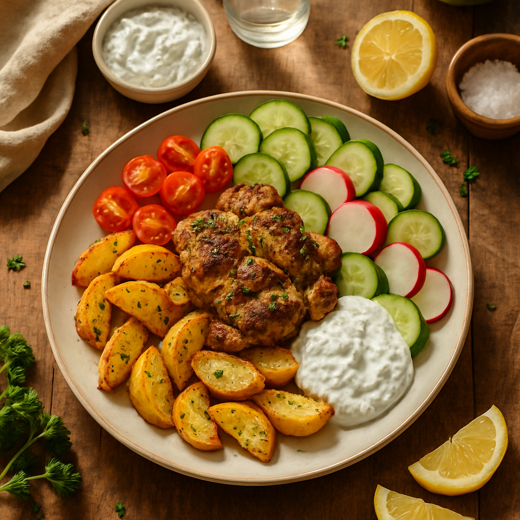 Tigelas de Frango Tzatziki Grego com Batatas Assadas com Limão