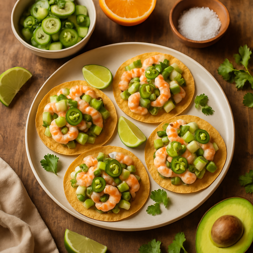 Тостады с севичем из креветок и цитрусовым маринованным огурцом и халапеньо