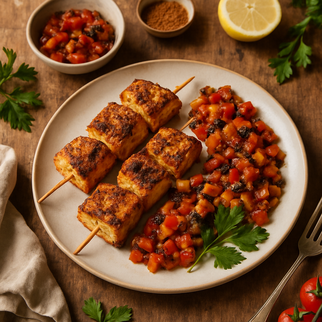 Turkisk kryddad halibut på spett med rostad paprikasalsa