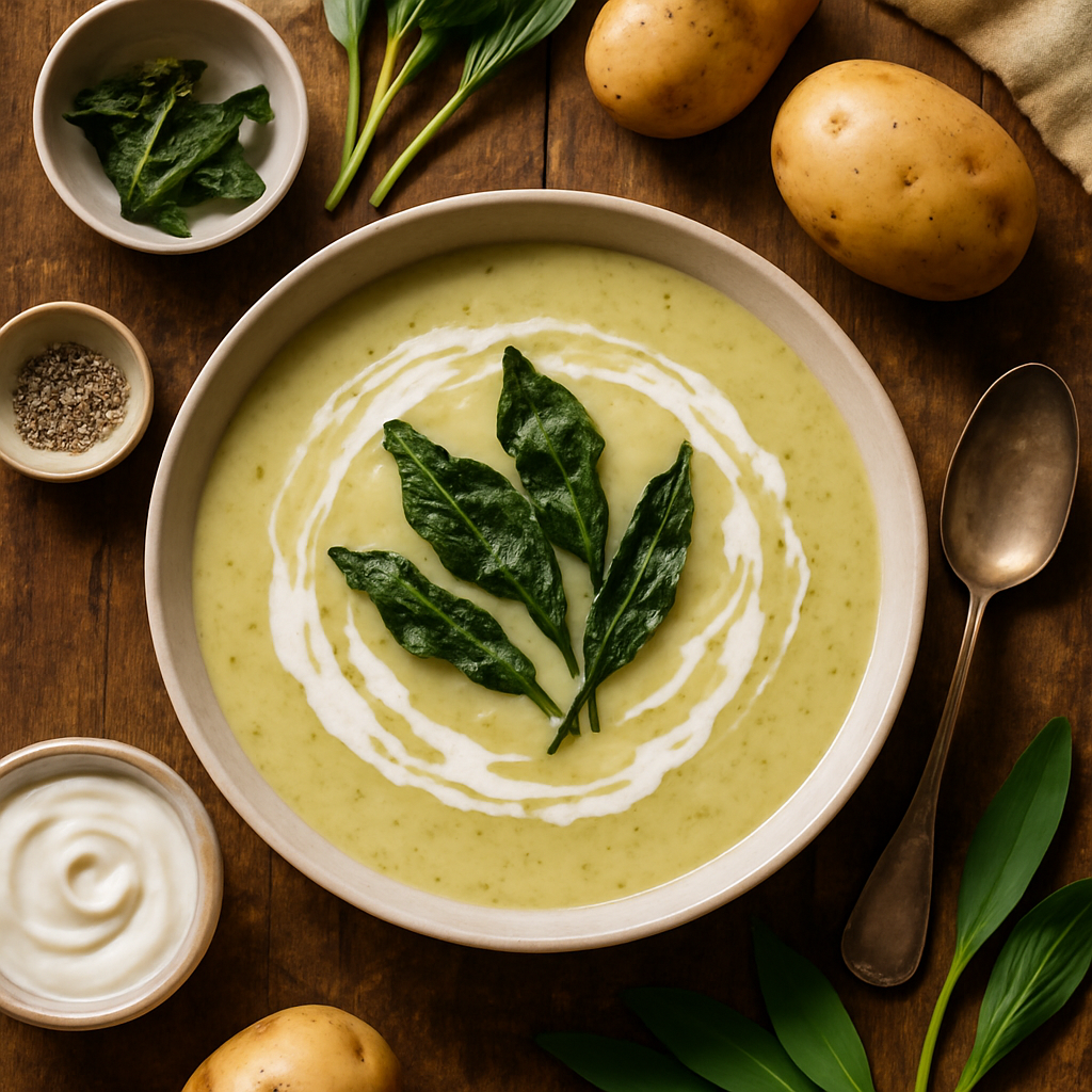 Creamy Ramp and Potato Soup with Crispy Ramp Leaf Garnish