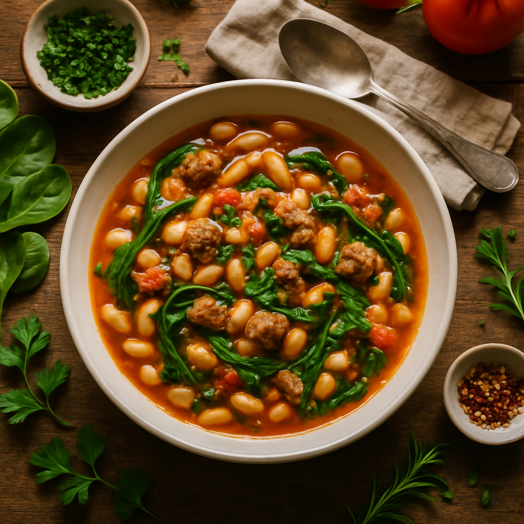 ताज़ी वसंत सब्जियों के साथ वन पॉट टस्कन व्हाइट बीन और सॉसेज स्टू