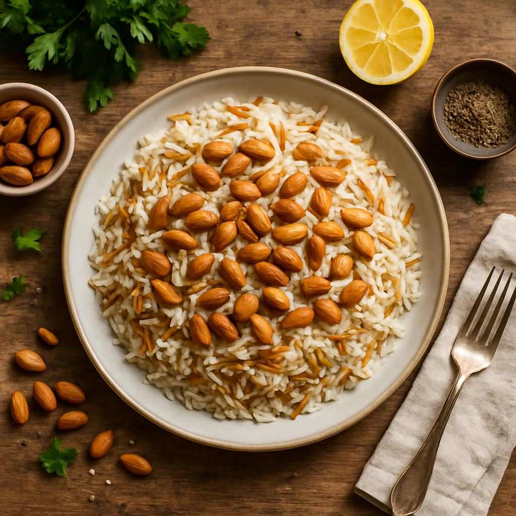 ข้าวพิลาฟเลบานอนกับเส้นตราดและอัลมอนด์คั่ว