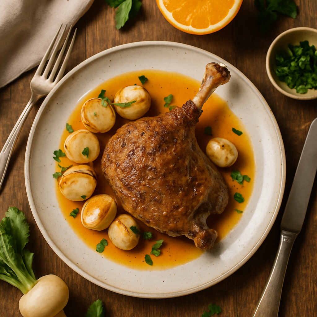 Confit d'Anatra Classico con Gastrique all'Arancia e Navoni Primaverili Arrostiti