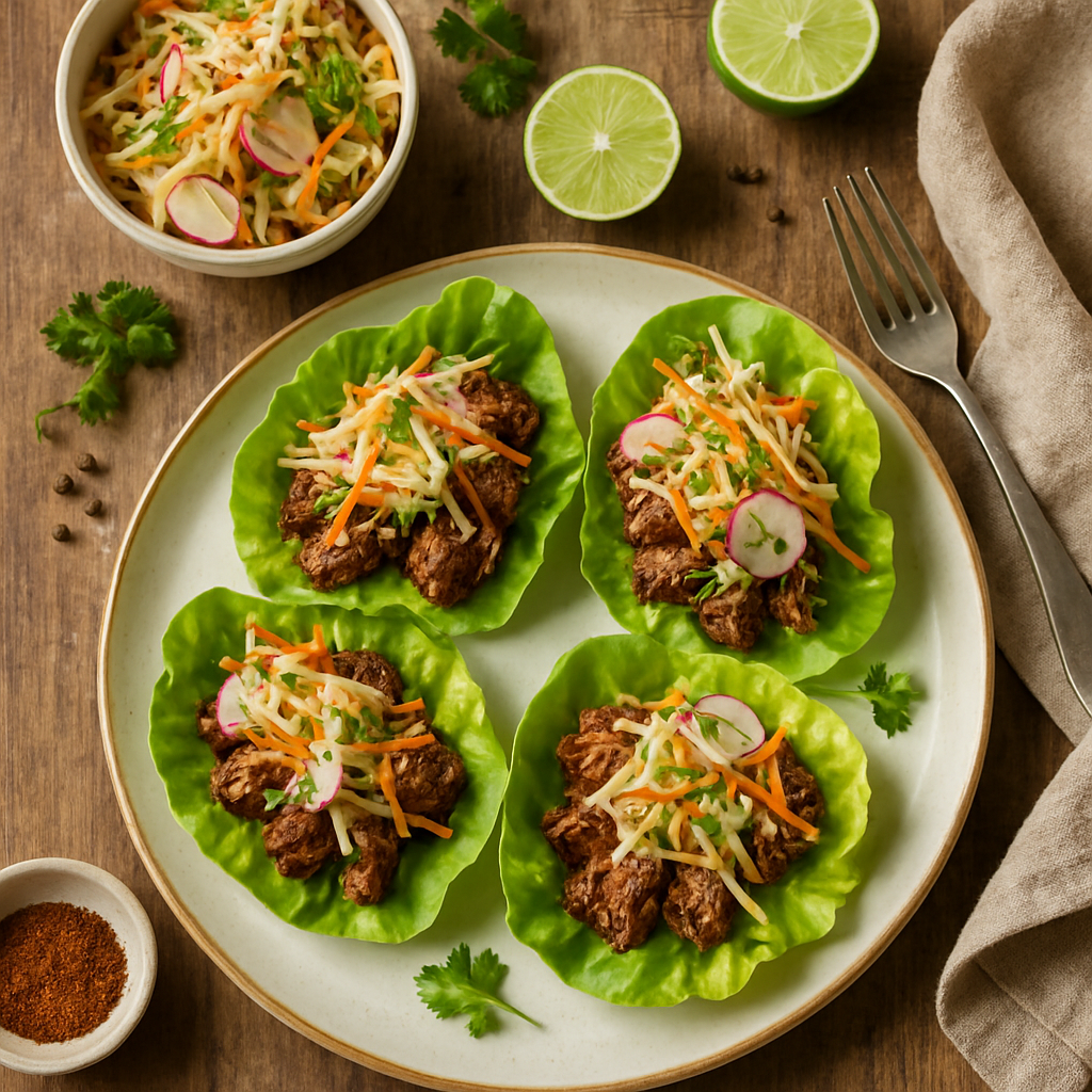 烟熏辣椒青柠猪肉卡尼塔生菜杯配新鲜春菜沙拉