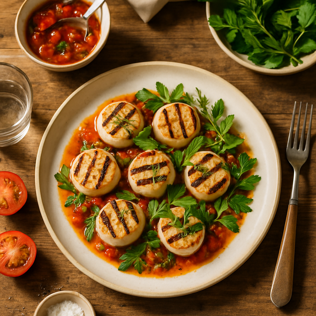烤扇贝配焦番茄油醋汁和新鲜春菜