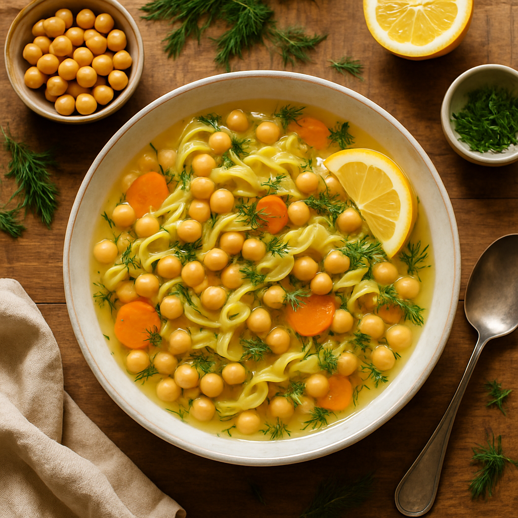 春季鹰嘴豆面汤配新鲜莳萝和柠檬