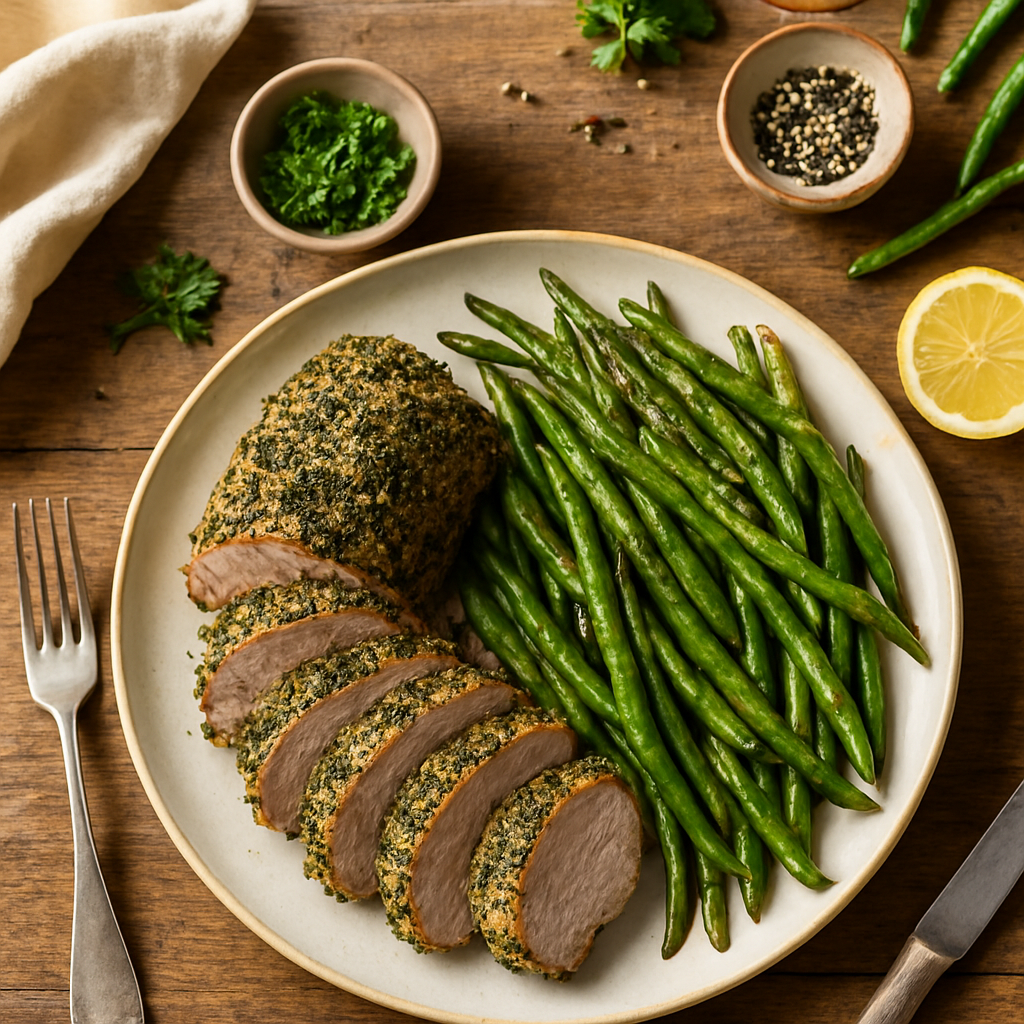 Stekebrett Urtekrydret Svinekjøtt med Stekte Grønne Bønner