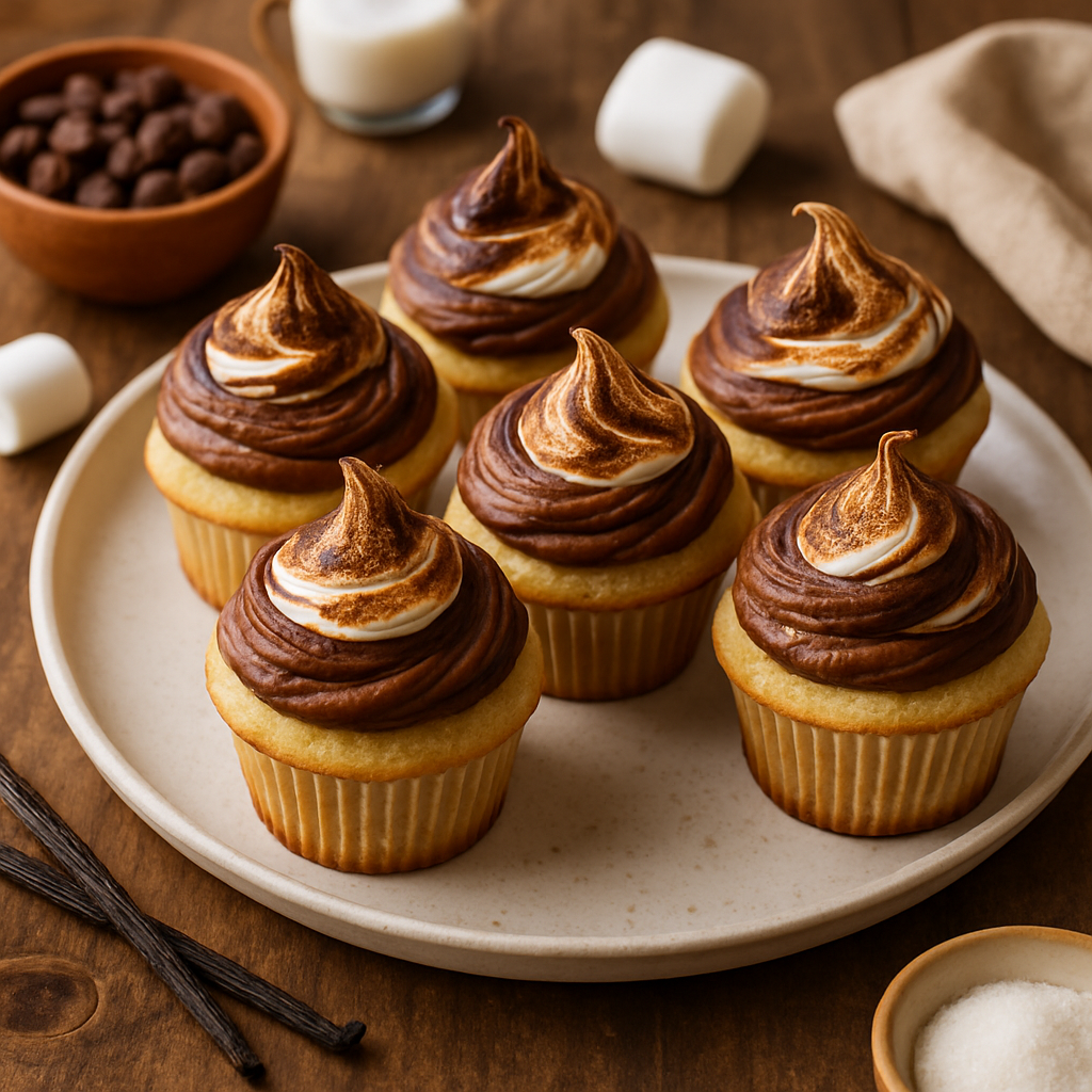 バニラビーンカップケーキ トーストマシュマロチョコレートフロスティング添え