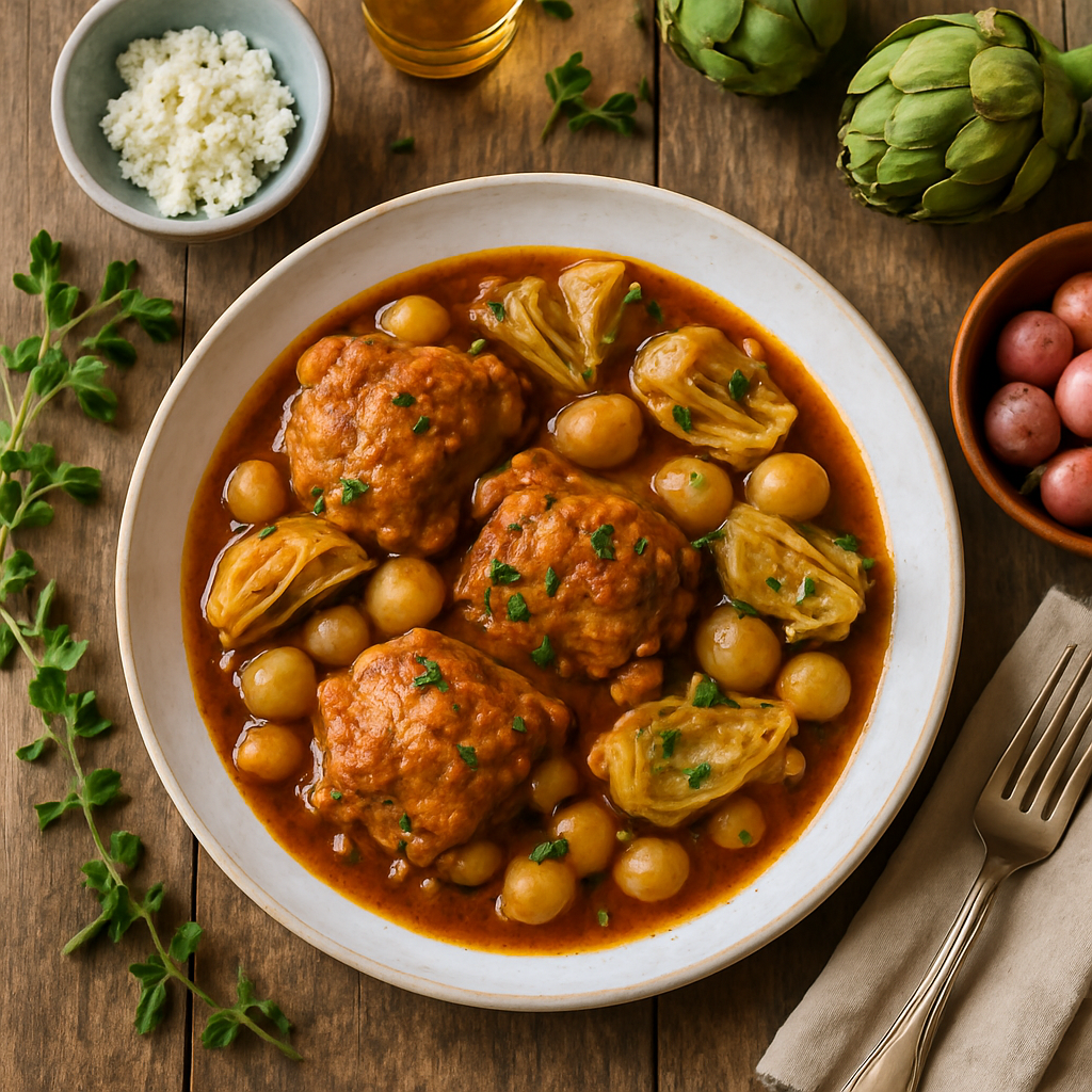 Greek Chicken Stifado with Artichokes and Pearl Onions