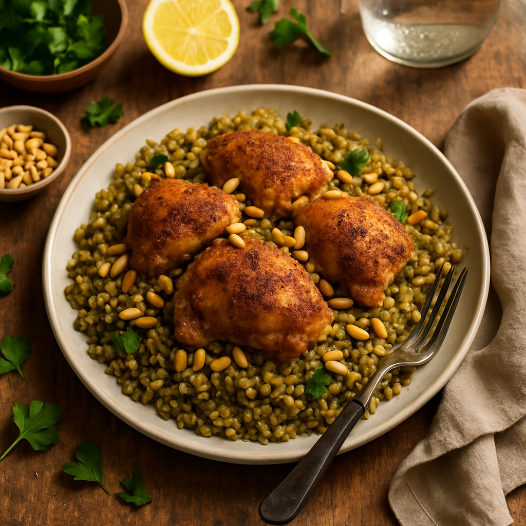 Lebanese Freekeh Pilaf with Spiced Chicken and Toasted Pine Nuts