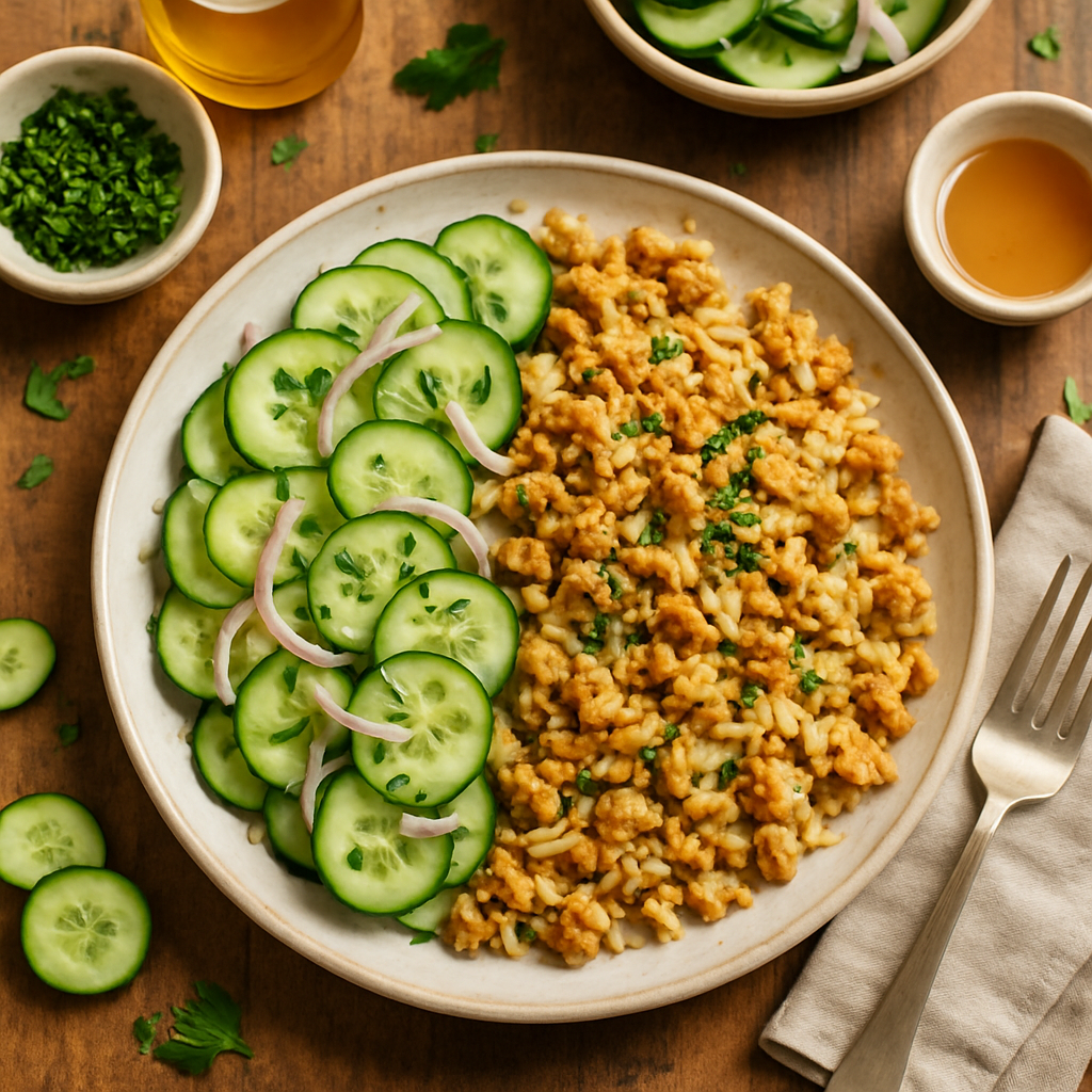 黄金色のひき肉とライスのスキレット、新鮮なキュウリサラダ添え
