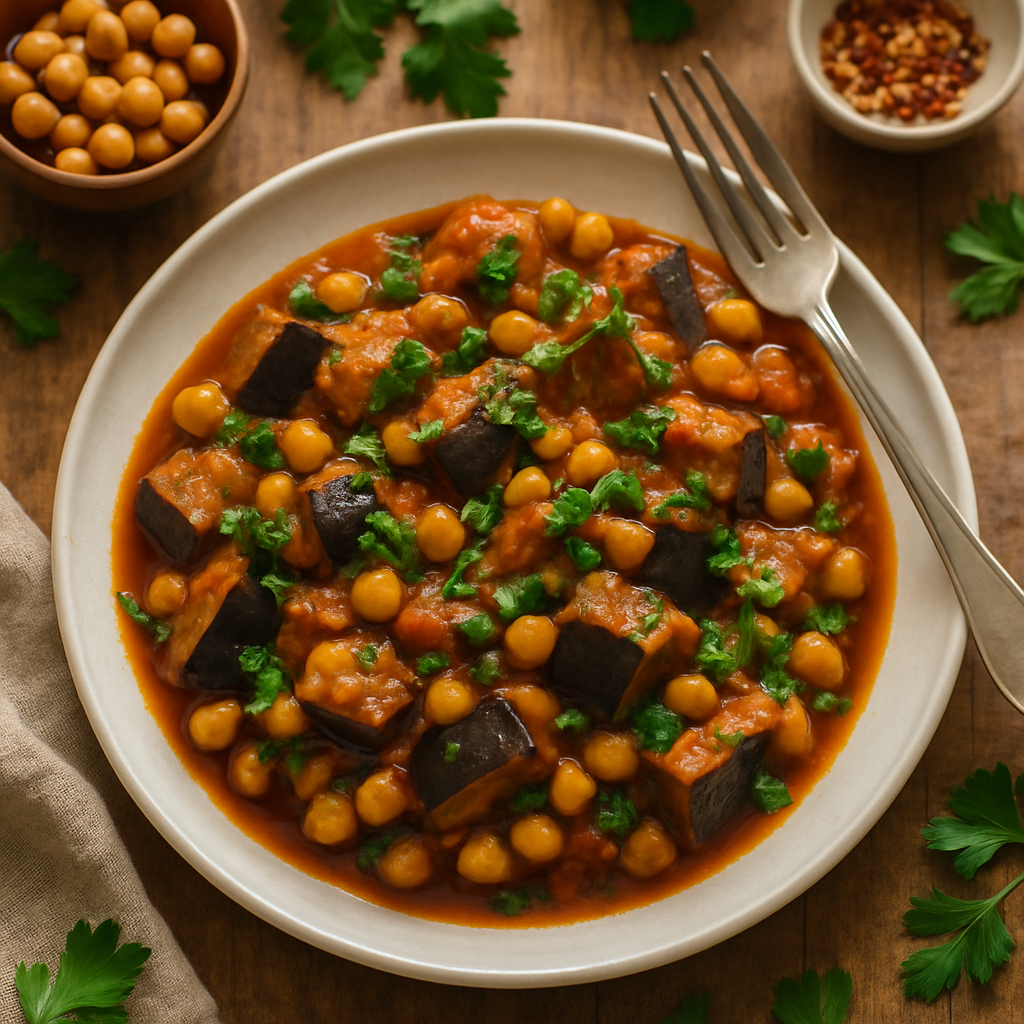Sicilian Braised Eggplant and Chickpea Stew with Fresh Parsley