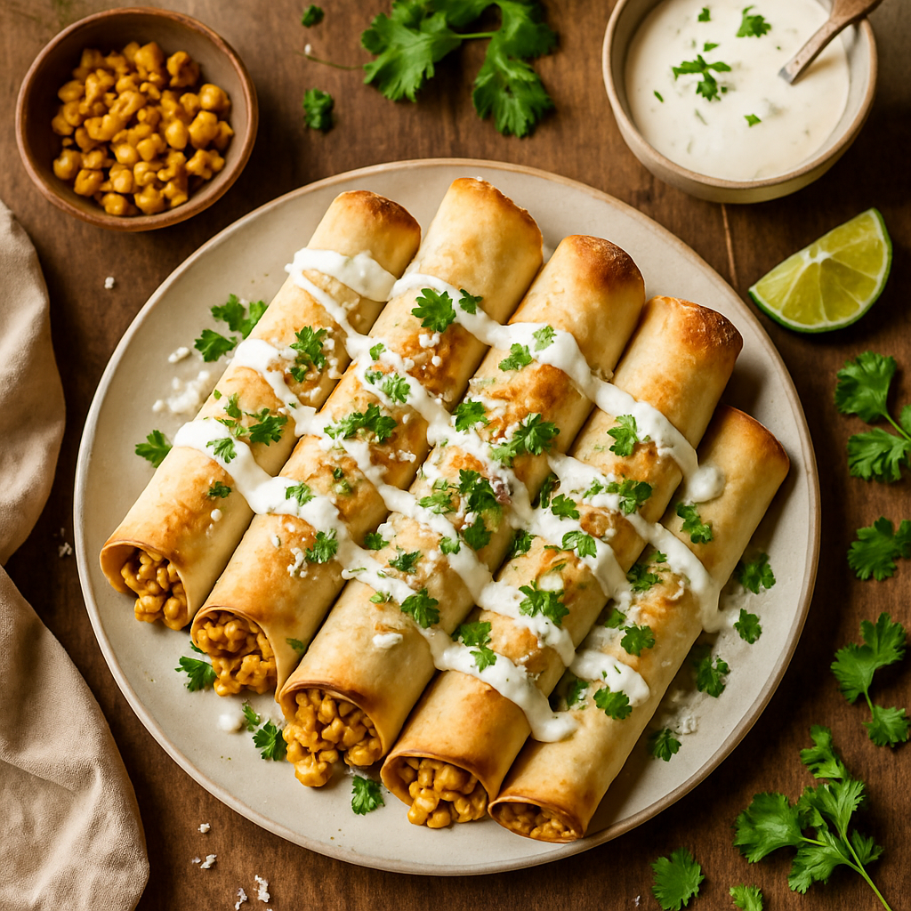 Gebakken Street Corn Kip Flautas met Romige Limoen Crema