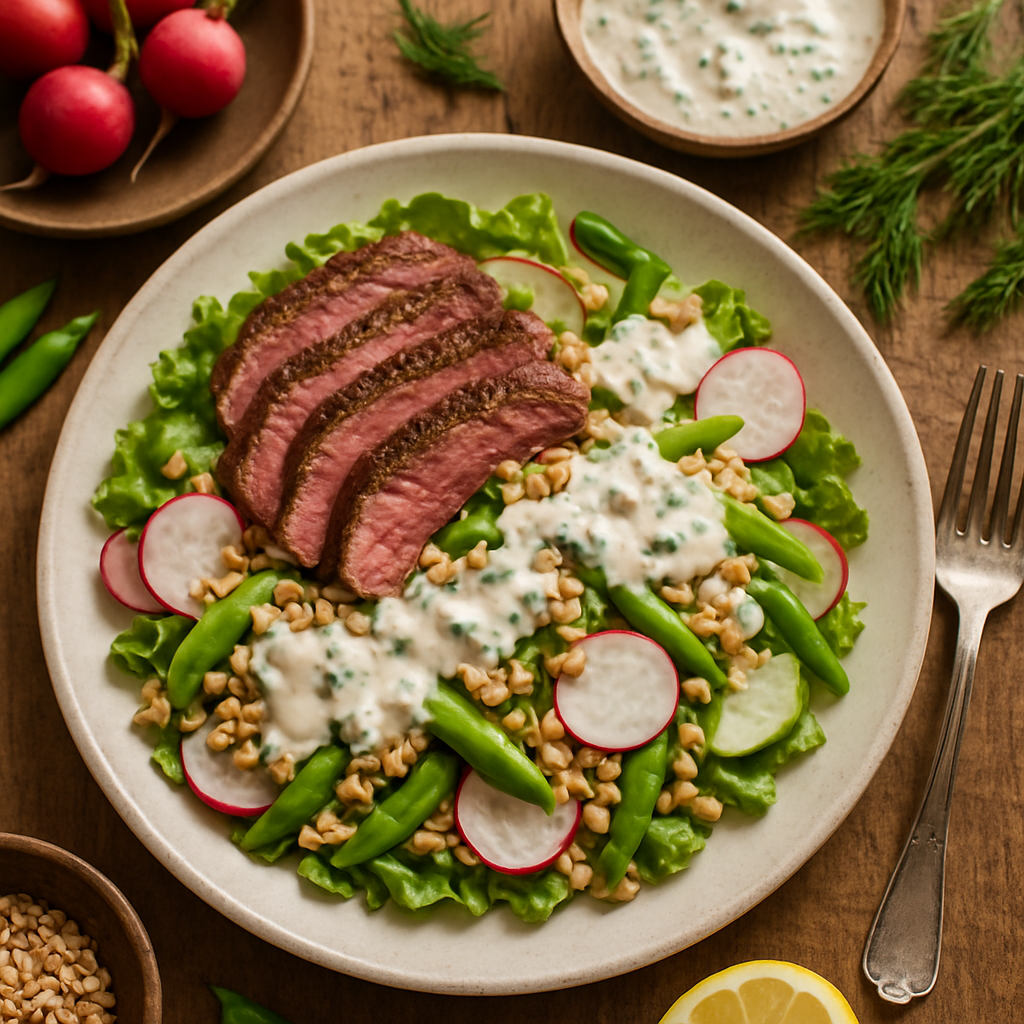 Vårens Farro Biffsal med Kremet Blåostesitrondressing