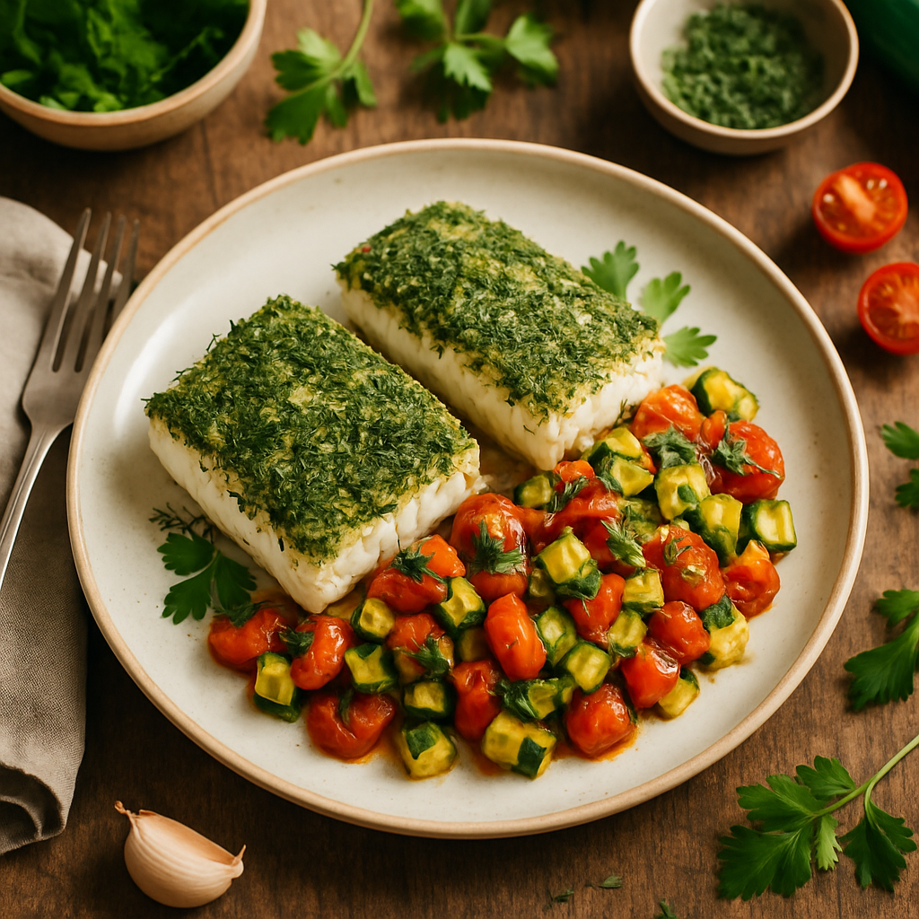 Kruidige Heilbot met Geroosterde Tomaten-Courgette Salsa