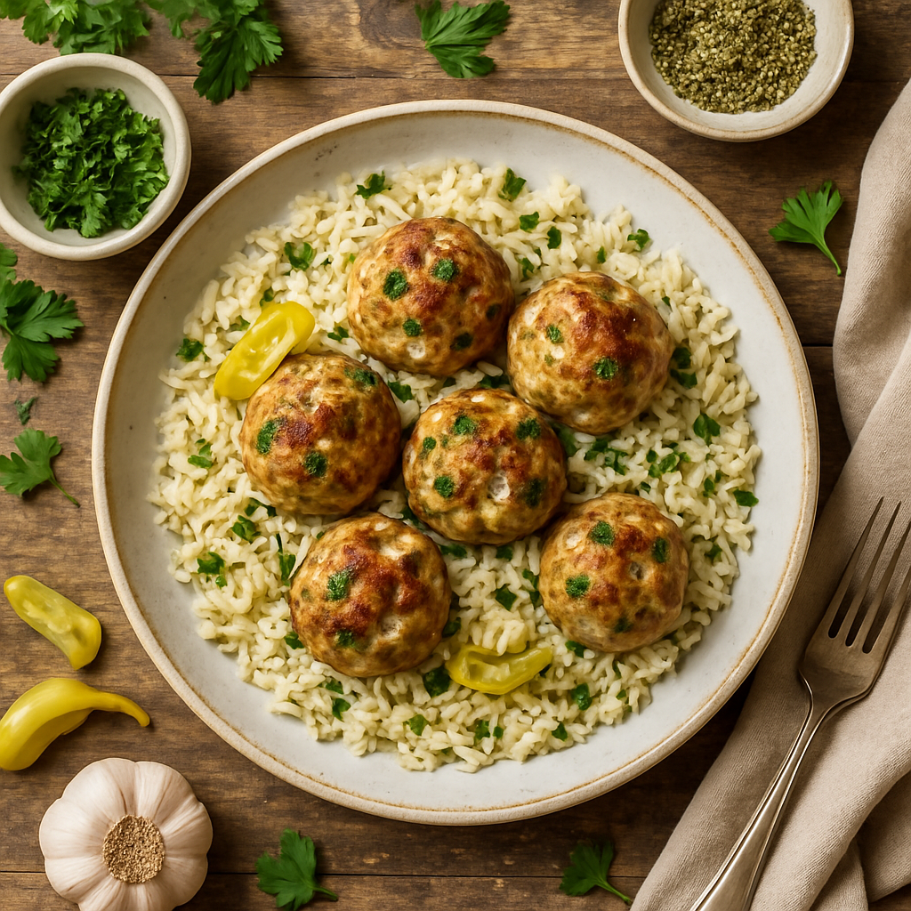 Pepperoncini-Feta Kalkoenballetjes met Knoflook-Za'atar Rijst