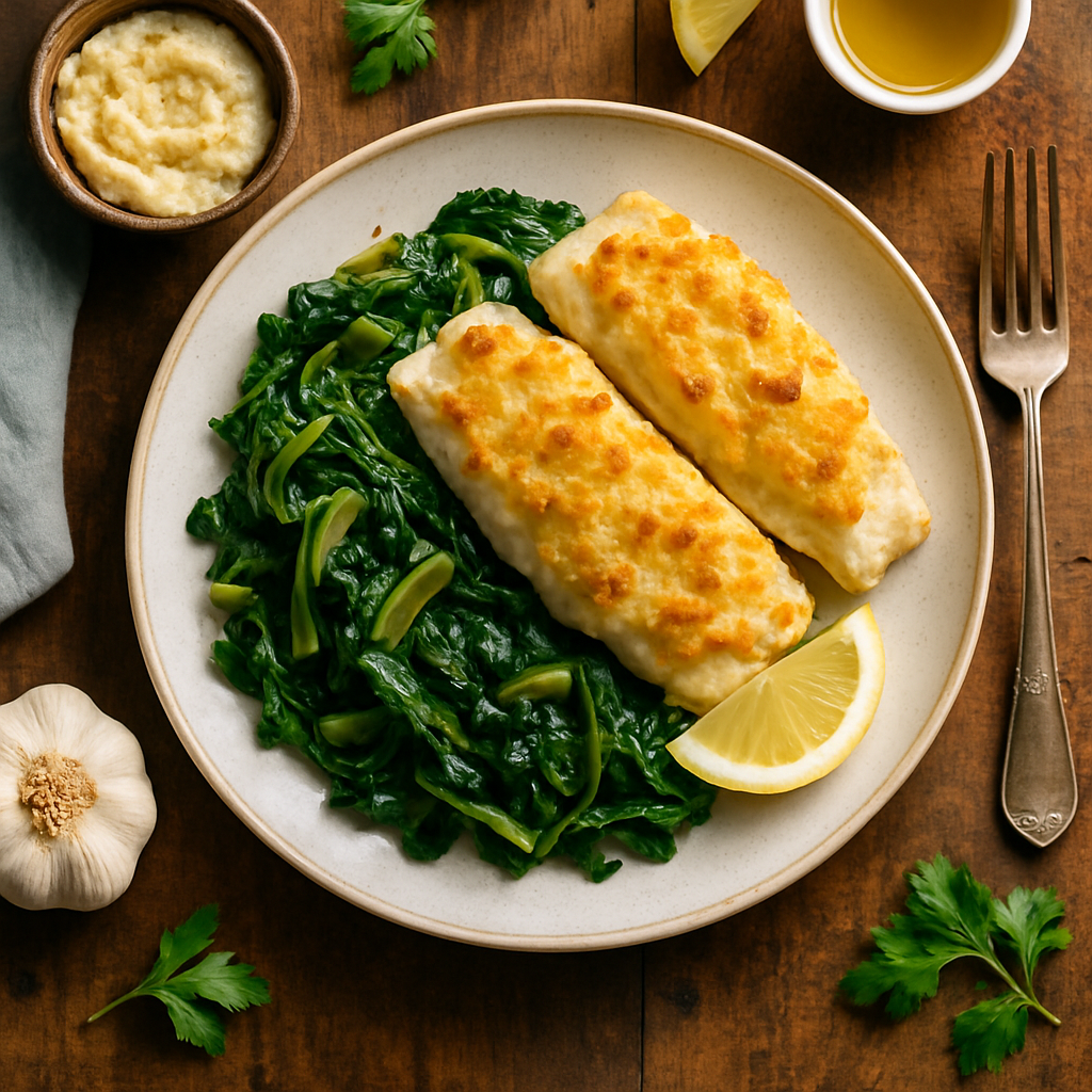 Creamy Skordalia-Crusted White Fish with Lemon Braised Spring Greens