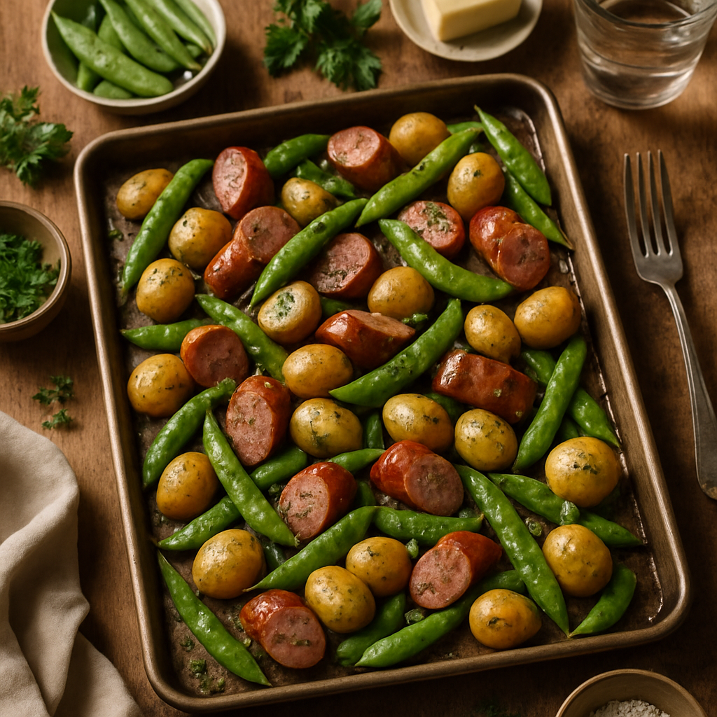 Sheet Pan Smoked Sausage with Spring Snap Peas and Baby Potatoes