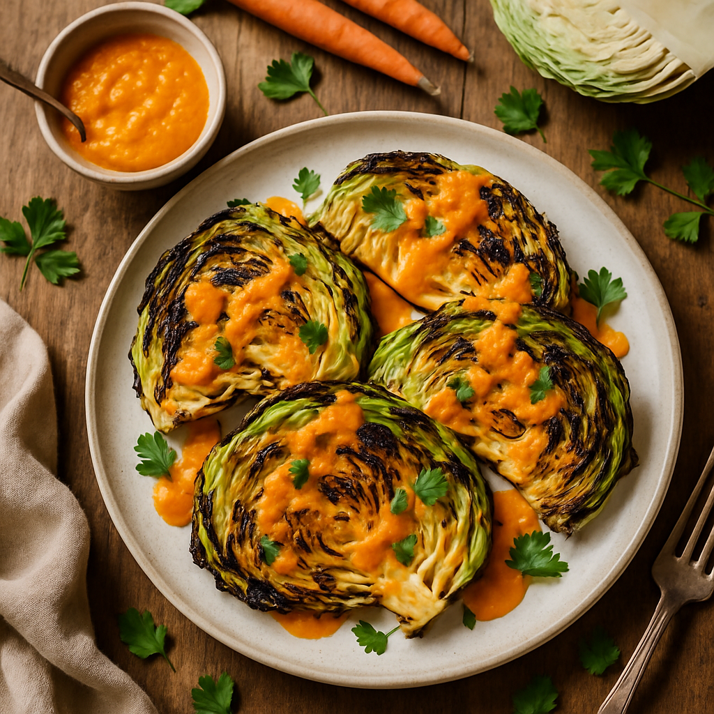 Smoky Charred Cabbage Steaks with Carrot-Ginger Dressing