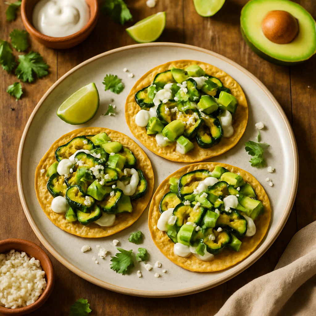 Gegrilde Courgette Tostadas met Romige Avocado en Cotija Crema